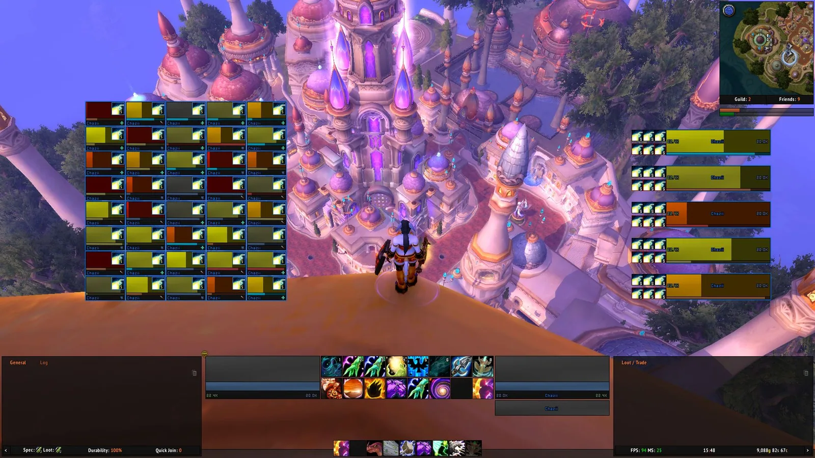 The ElvUI healer layout with the raid grid moved toward the center of the screen, action bars and two chat panels at the bottom