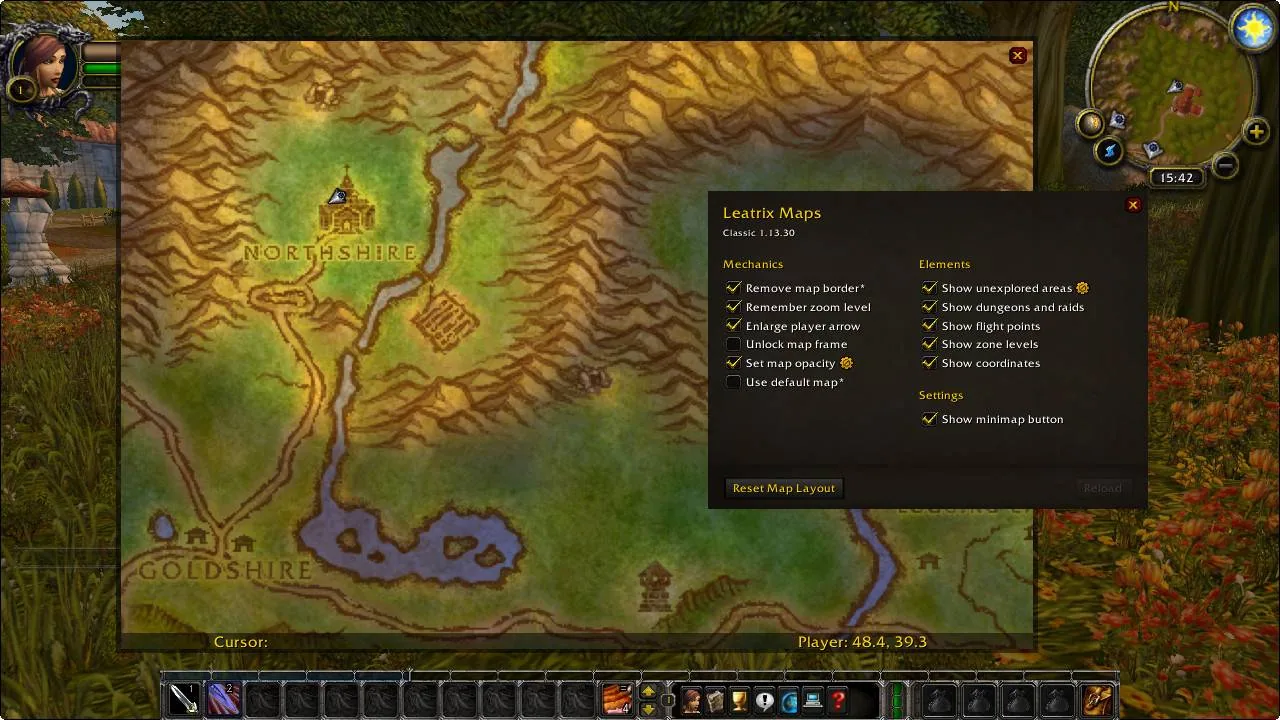 The Leatrix Maps settings window over the world map of Northshire, with checkboxes for mechanics and map elements and a Reset Map Layout button.