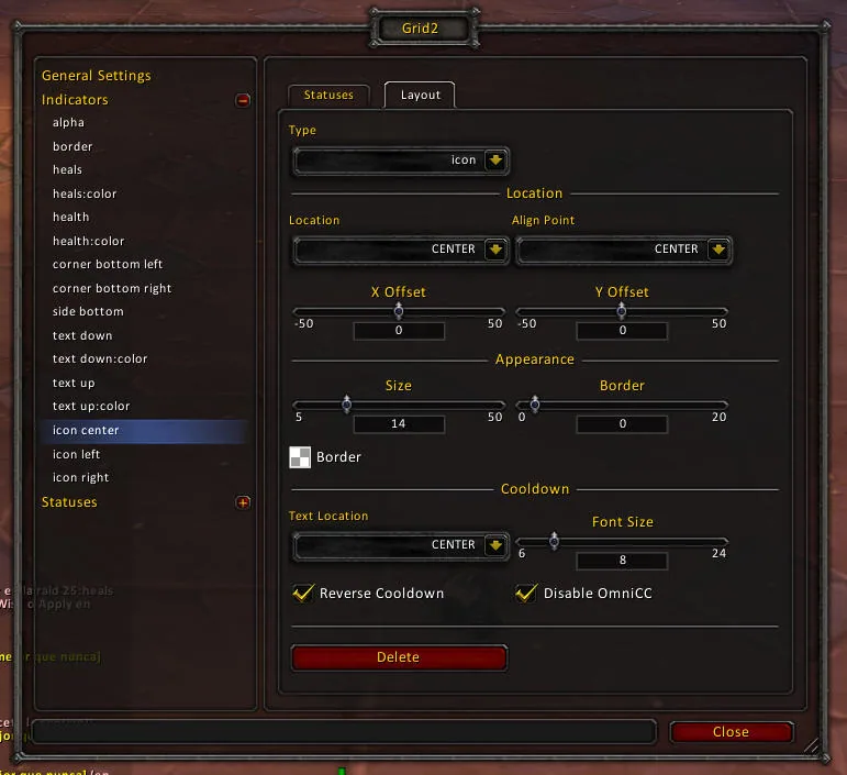 Grid2 indicator settings for an icon indicator with location, size, border and cooldown text options