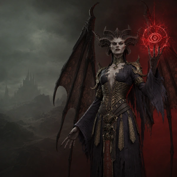 Lilith with red wings and a demonic sigil in Diablo 4