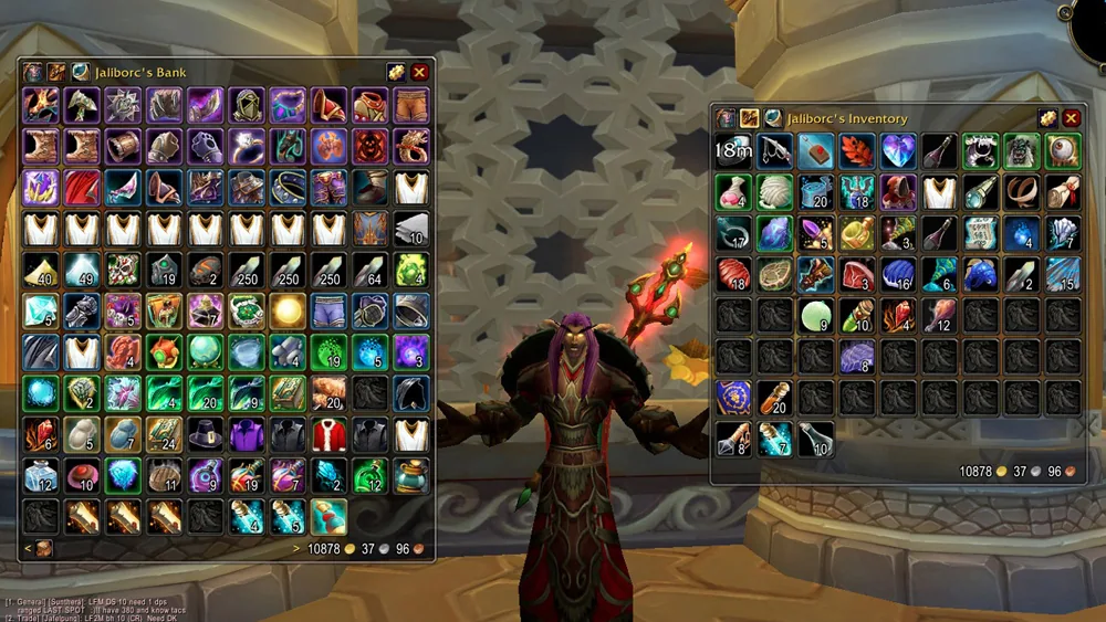 Bagnon's bank window and inventory window side by side, each showing all items in one grid with the gold total at the bottom.