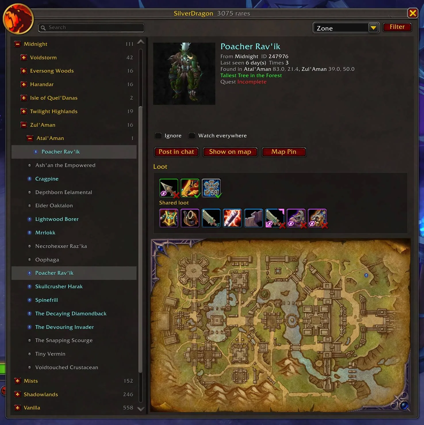 The rare browser with a zone and mob list on the left, a model and loot of the selected rare and a zone map