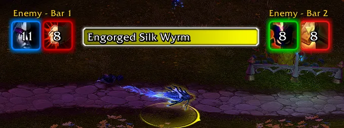 Two enemy bars of aura icons with glowing borders to the left and right of a nameplate.