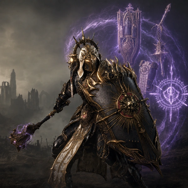Armored Paladin with a mace and magical sigils in Diablo 4
