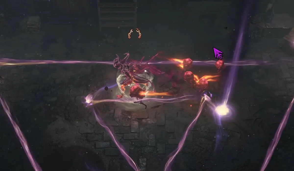 Purple beams of the Unlucky Council's turning triangle cross the arena floor in Diablo 4 while a player dodges between them