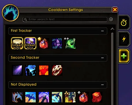 The Cooldown Settings window with a First Tracker and Second Tracker that hold trinket slots and spells.