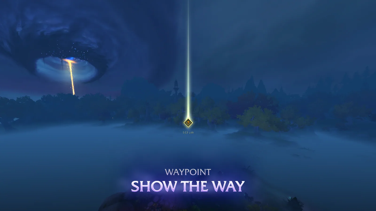 A Waypoint UI marker with a light beam over a night landscape, showing the distance 523 yds below the icon.