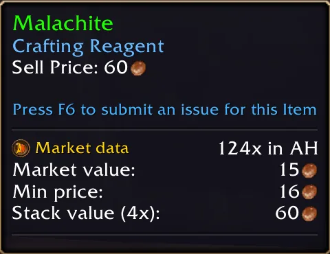 An item tooltip for Malachite with market value, minimum price and stack value from AuctionMaster