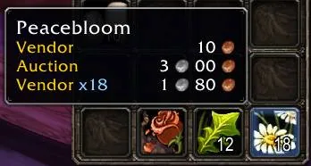 A Peacebloom tooltip with Vendor, Auction and stack rows, next to herbs in the bags