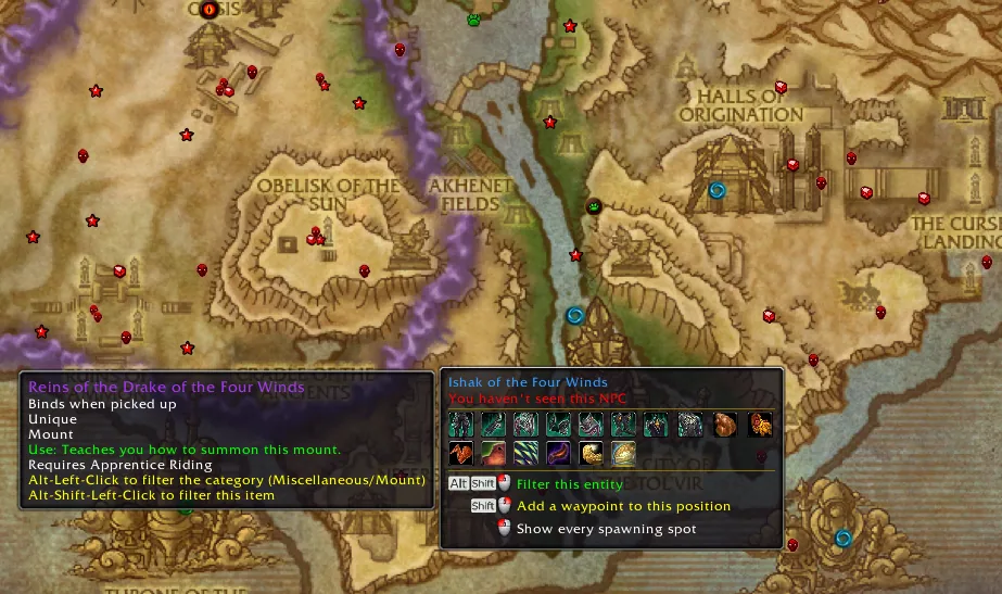 World map covered in RareScanner rare and treasure icons with two tooltips showing a mount drop and the actions on an NPC