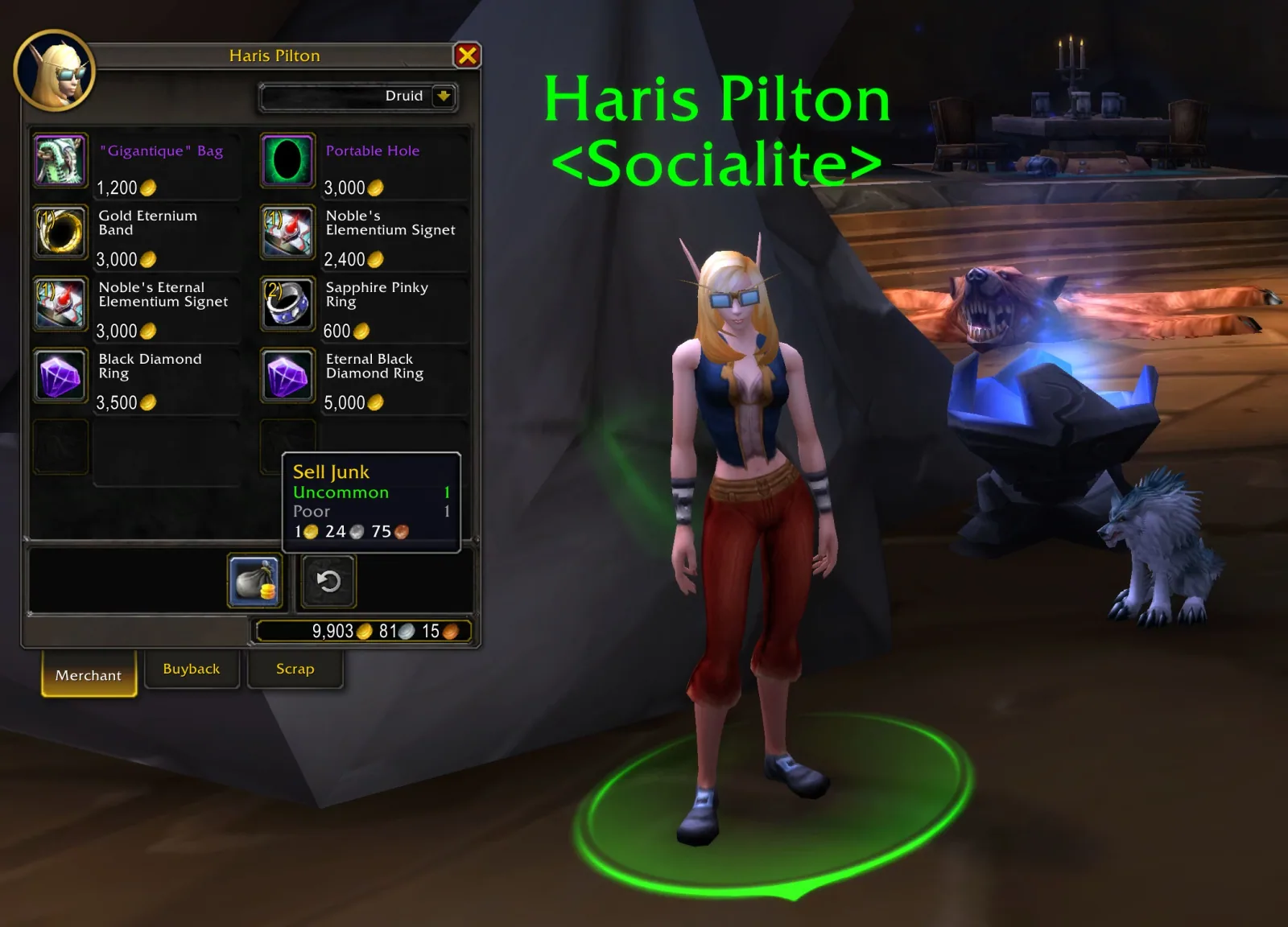 A merchant window with the Scrap button and a Sell Junk tooltip listing the junk it will sell