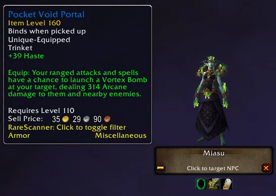 The RareScanner alert button with a miniature of the rare, its name, a click to target prompt and a loot tooltip