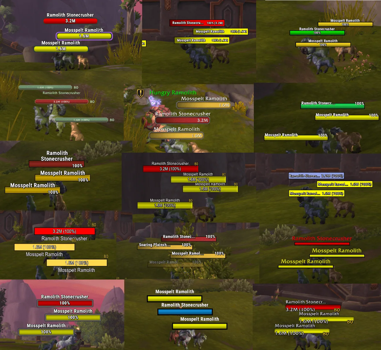 A collage of fifteen nameplate styles on the same group of sheep, from thin bars to wide bars with different borders, fonts and colors.