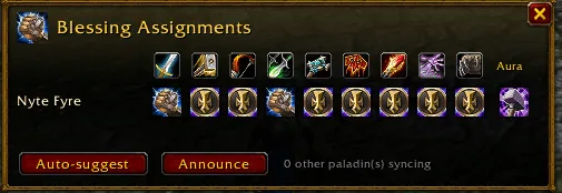 Blessing Assignments window with a grid of class icons, one paladin row and the Auto-suggest and Announce buttons.