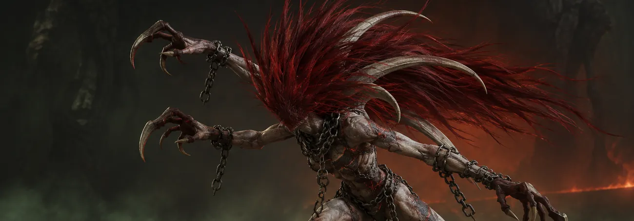 Andariel, die Herrin der Qual, springt in der Halle des Gehängten Mannes in Diablo 4 mit erhobenen Klauen vor