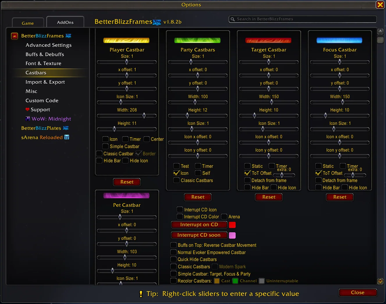 The Castbars page of the settings