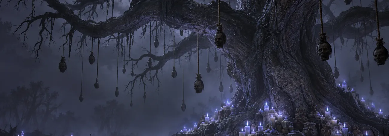 Der Flüsternde Baum im Sumpf von Hawezar in Diablo 4, an seinen verdrehten Ästen hängen Köpfe an Seilen über Wurzeln voller Kerzen
