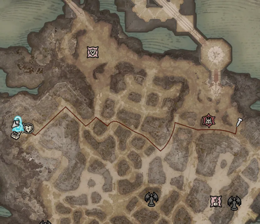 Diablo 4 map of Celestia with a dark red line from a waypoint on the left east to a pin near an elite marker