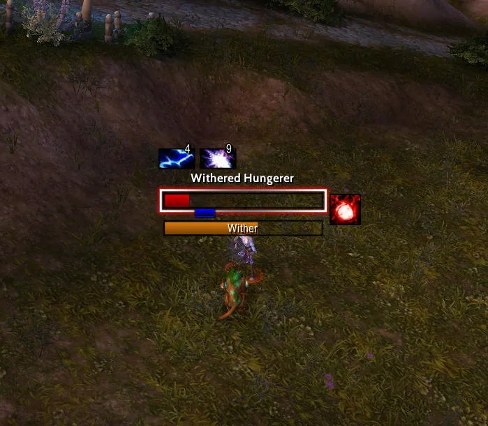 A nameplate for Withered Hungerer with two aura icons above the name, a red health bar with a white frame, a castbar below it and a spell icon on the right.
