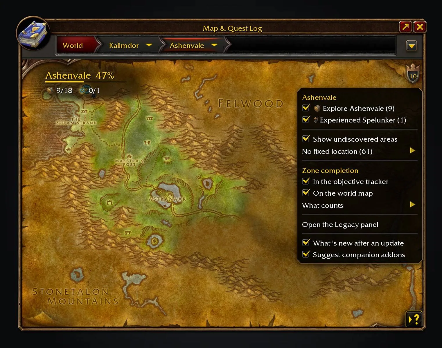 Ashenvale on the world map with undiscovered areas shaded, the zone completion corner at 47 percent and the Legacy menu open