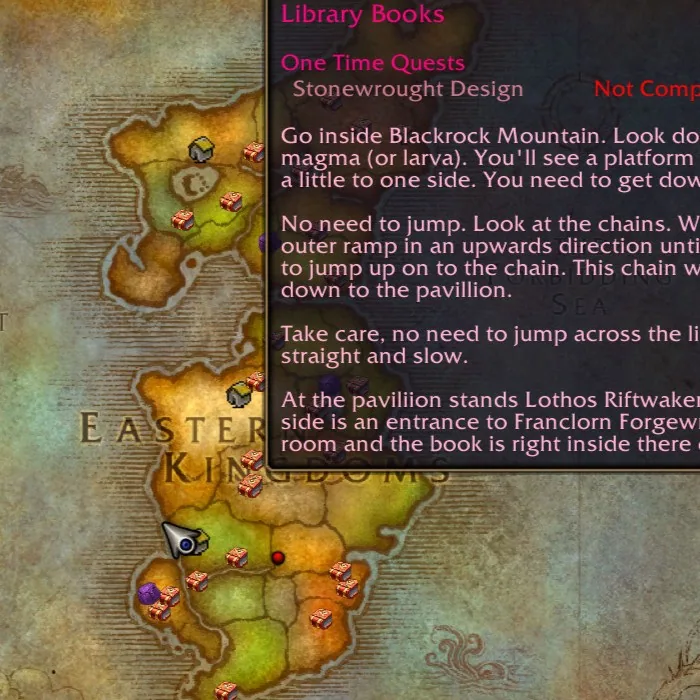 A long map tooltip that walks you step by step to a book inside Blackrock Mountain