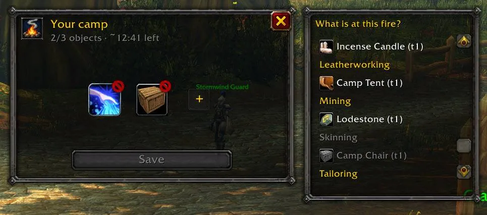 The camp panel with the objects of your fire on the left and a list of objects to add on the right