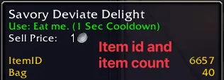 A food item tooltip with the item ID and the item count in the bag added below the sell price.