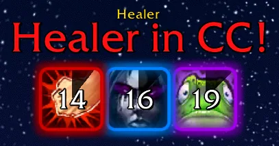 A large red Healer in CC warning above three crowd control icons.