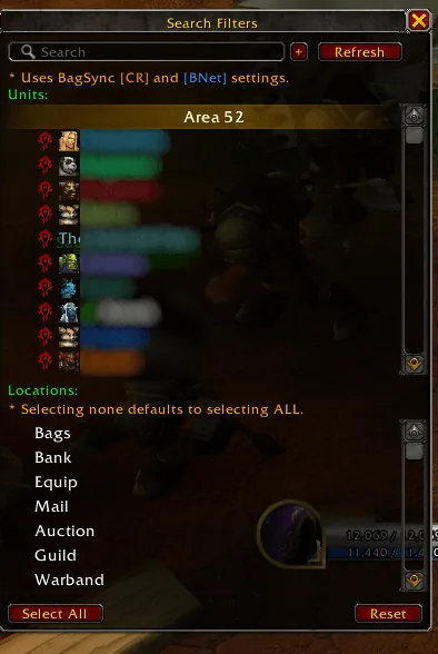 The BagSync Search Filters window with the list of characters and the locations Bags, Bank, Equip, Mail, Auction and Guild.