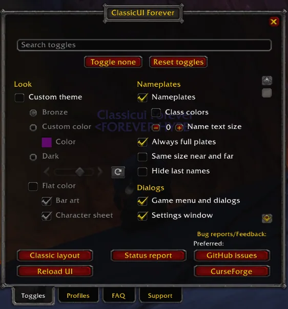 ClassicUI Forever options window with a search field, a custom theme choice and toggles for nameplates and dialogs.