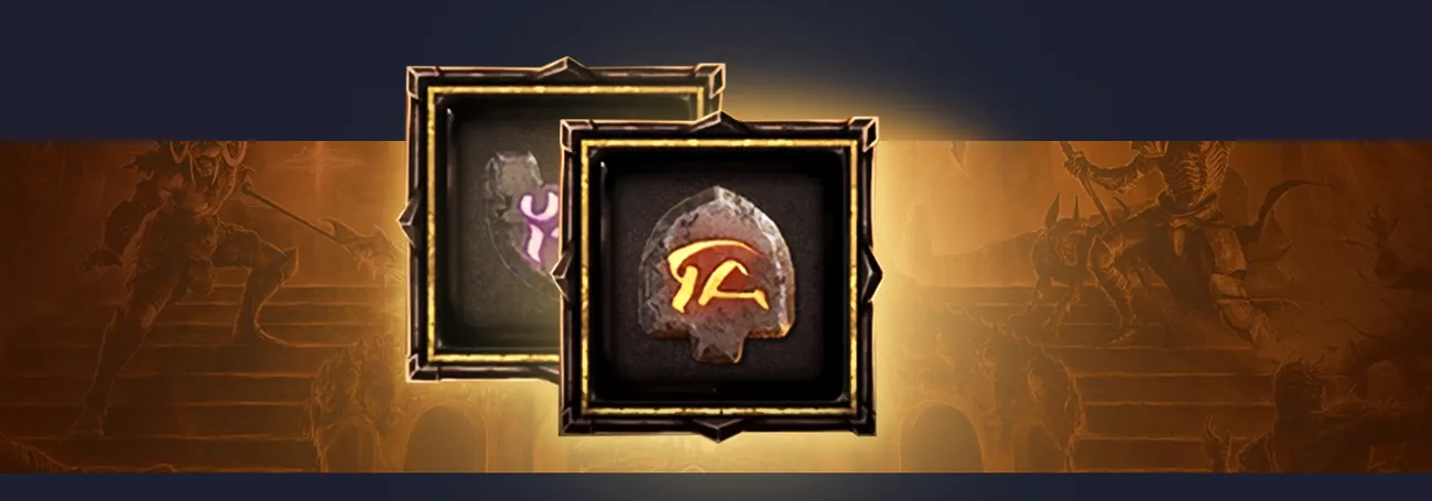 Two Diablo 4 runes in gold item frames: an orange Rune of Ritual in front of a purple Rune of Invocation