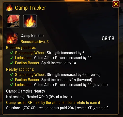 The Camp Tracker window with a 59:56 countdown, three active camp benefits with their effects, the nearby additions, a rested XP line and session totals.