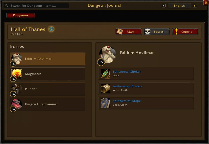 Boss page of Hall of Thanes with the boss list on the left and the loot of Faldrim Anvilmar on the right.