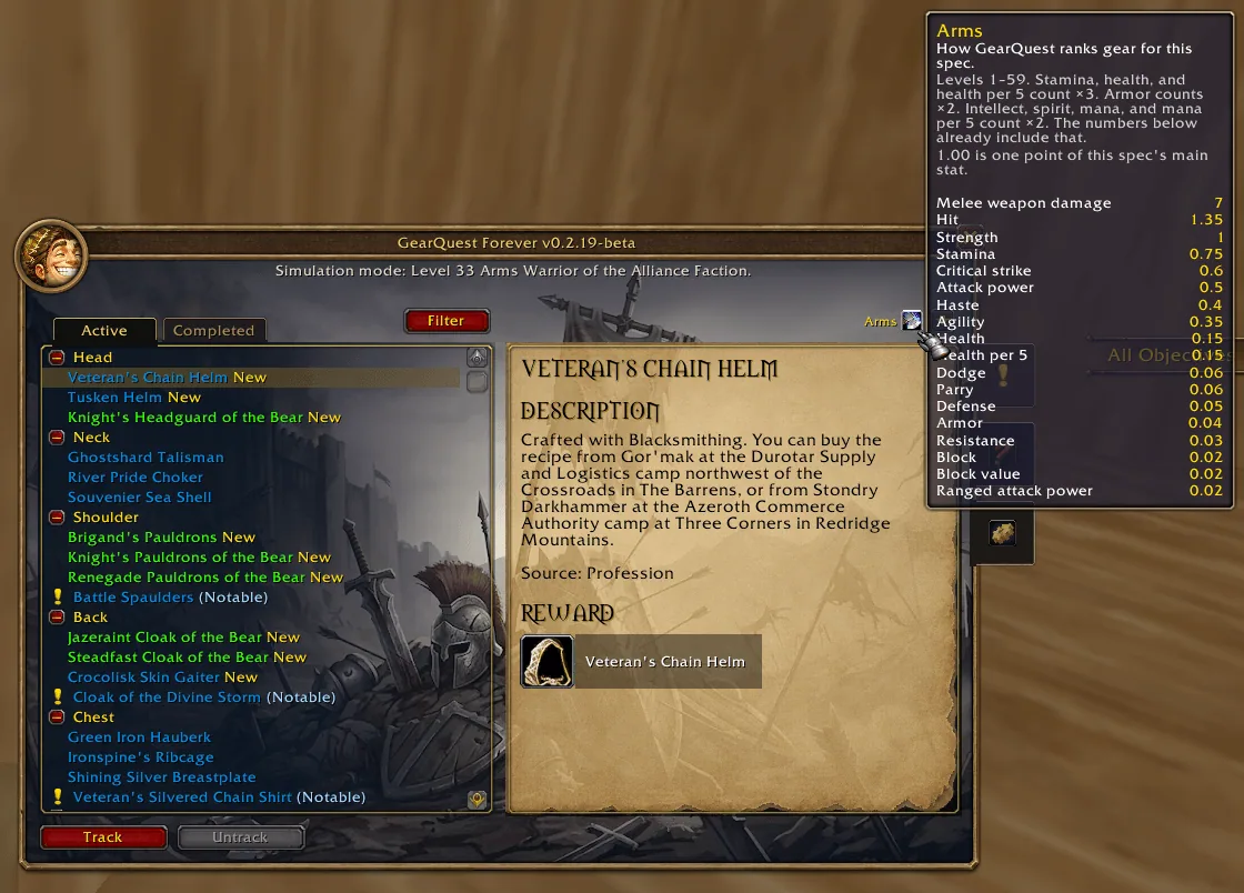 A tooltip over the spec icon listing the stat weights used to rank gear for an Arms Warrior, with the Veteran's Chain Helm selected in the log