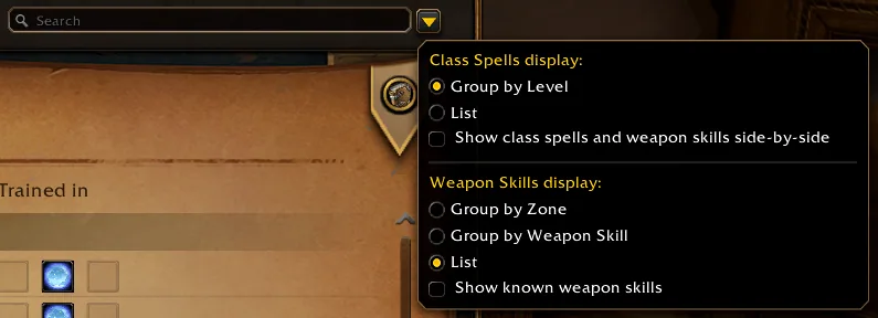 The display options menu with class spell grouping by level or as a list and weapon skill grouping by zone, by weapon skill or as a list