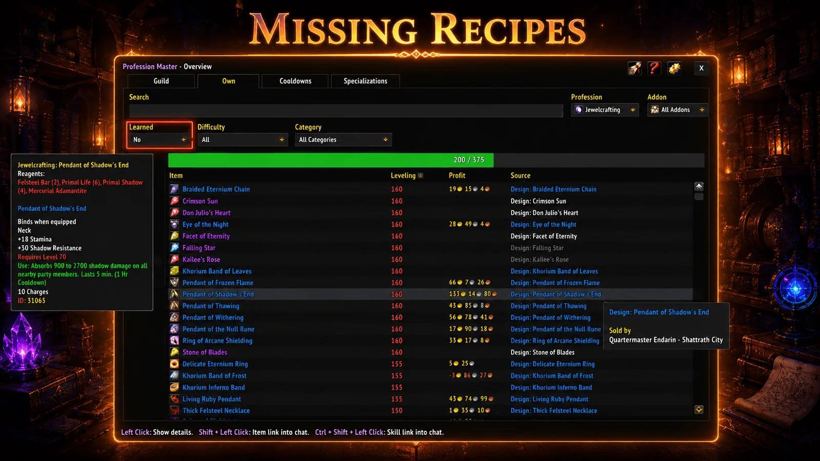 List of recipes you have not learned for Jewelcrafting, with a tooltip and the vendor that sells each one