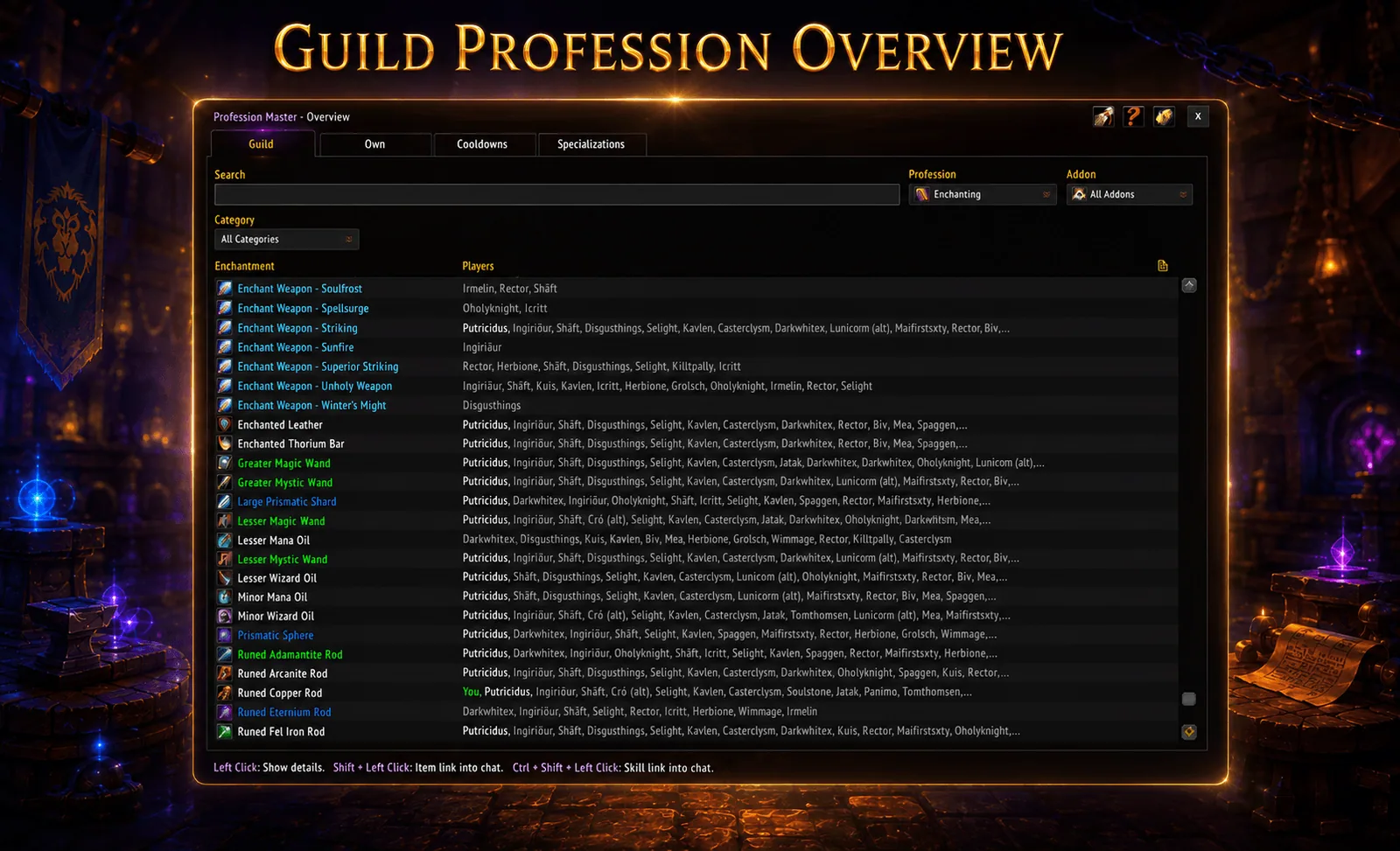 Profession Master guild overview listing enchants on the left and the guild members who can craft each one on the right