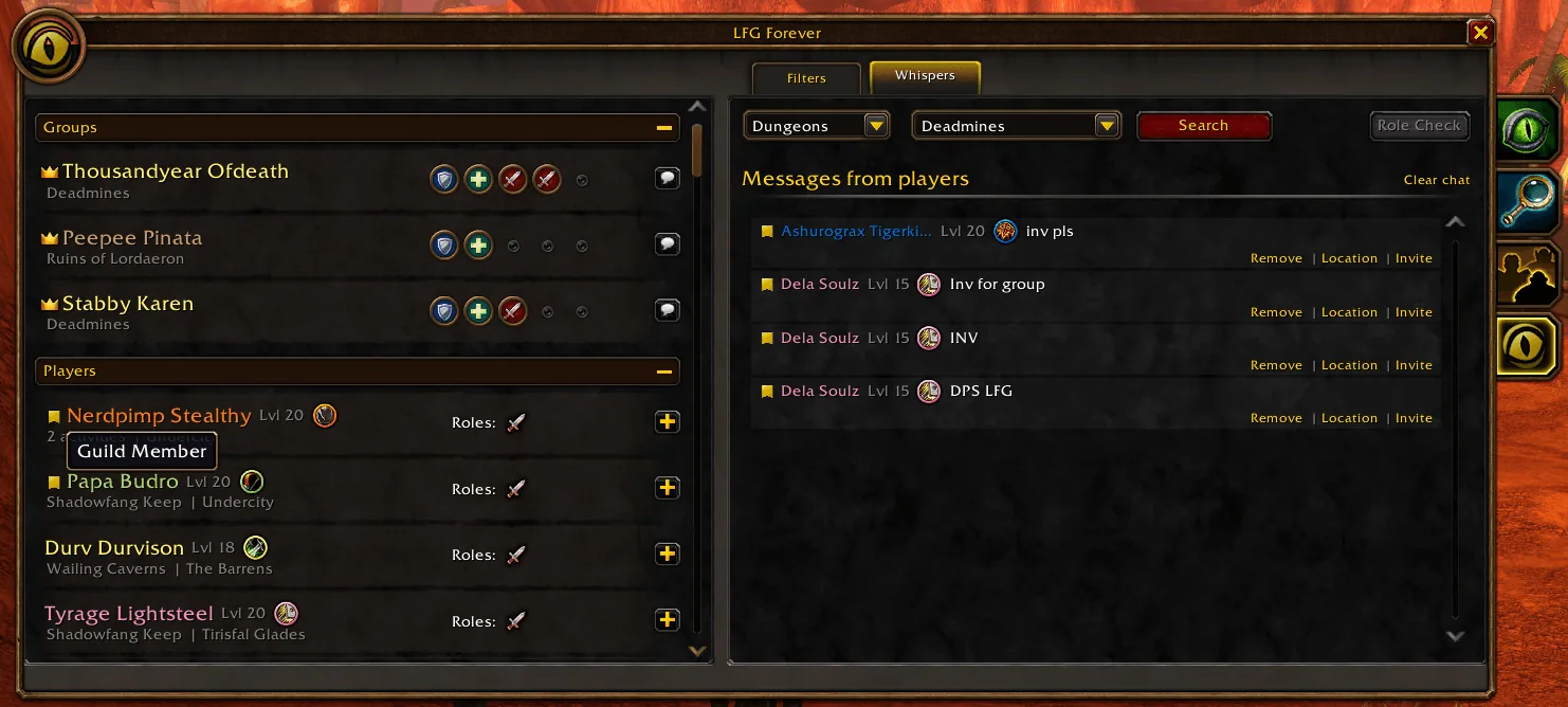 LFG Forever Whispers tab with received whispers and Remove, Location and Invite links, plus a Guild Member tooltip in the players list