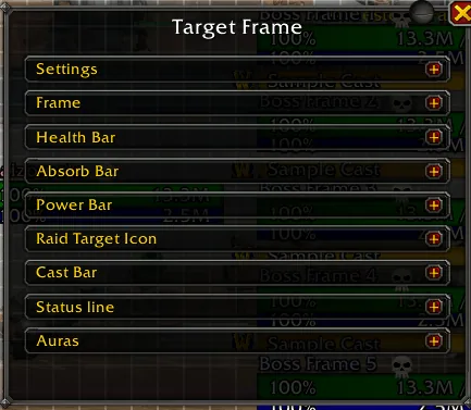 The Target Frame settings of the custom unit frames with sections for frame, health bar, absorb bar, power bar, cast bar and auras.