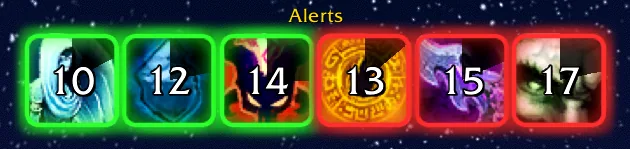A row of six alert icons with green and red glowing borders and countdown numbers.