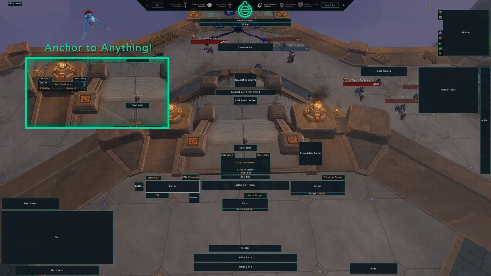 Reskinned character sheet and friends list next to the action bars