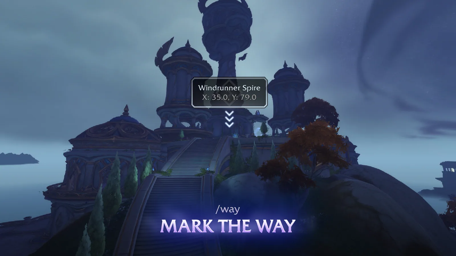 A destination label named Windrunner Spire with coordinates X 35.0 and Y 79.0, created with the /way command.
