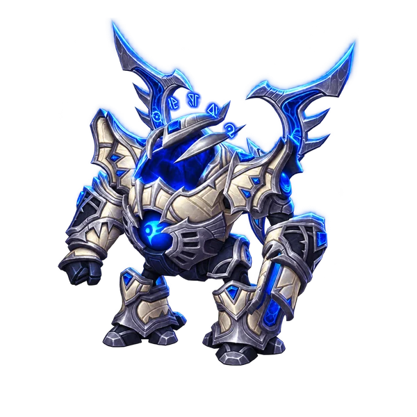 Netherforged Nullframe, the silver and blue armoured warframe mount.