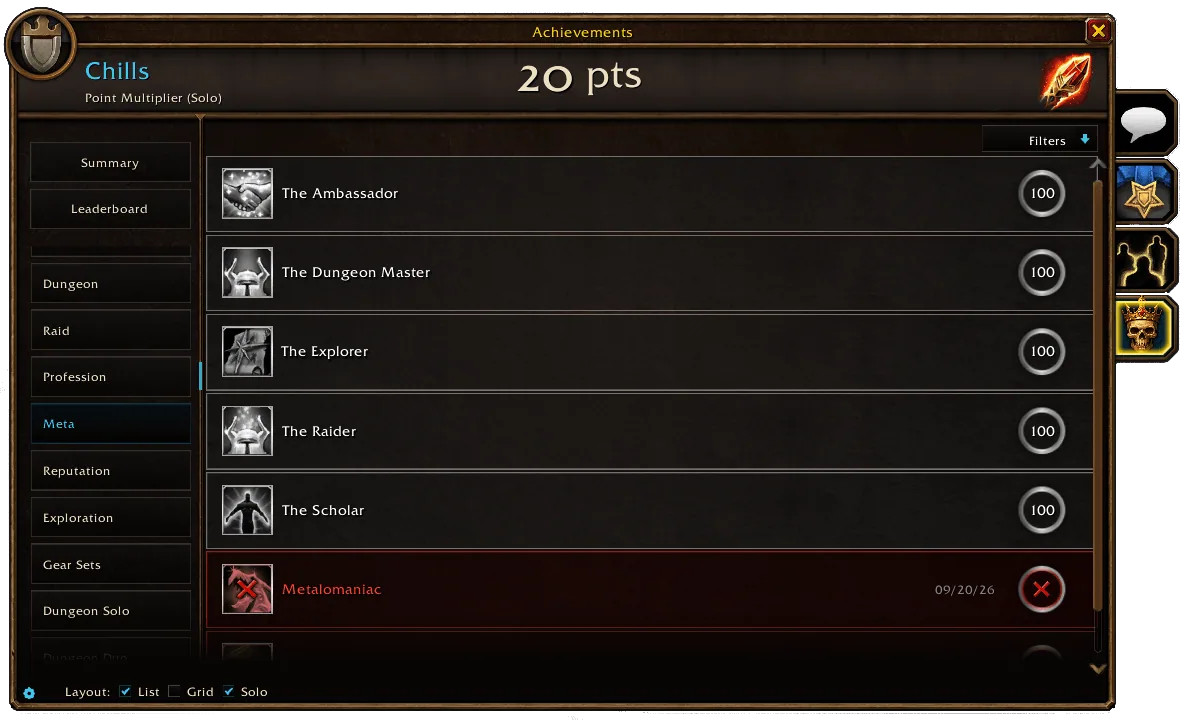The meta achievements list with point values and one failed achievement marked in red