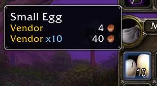 A Small Egg tooltip showing the vendor price of one egg and of a stack of ten