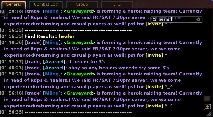 Chat window with the Prat search box open and results for the word healer
