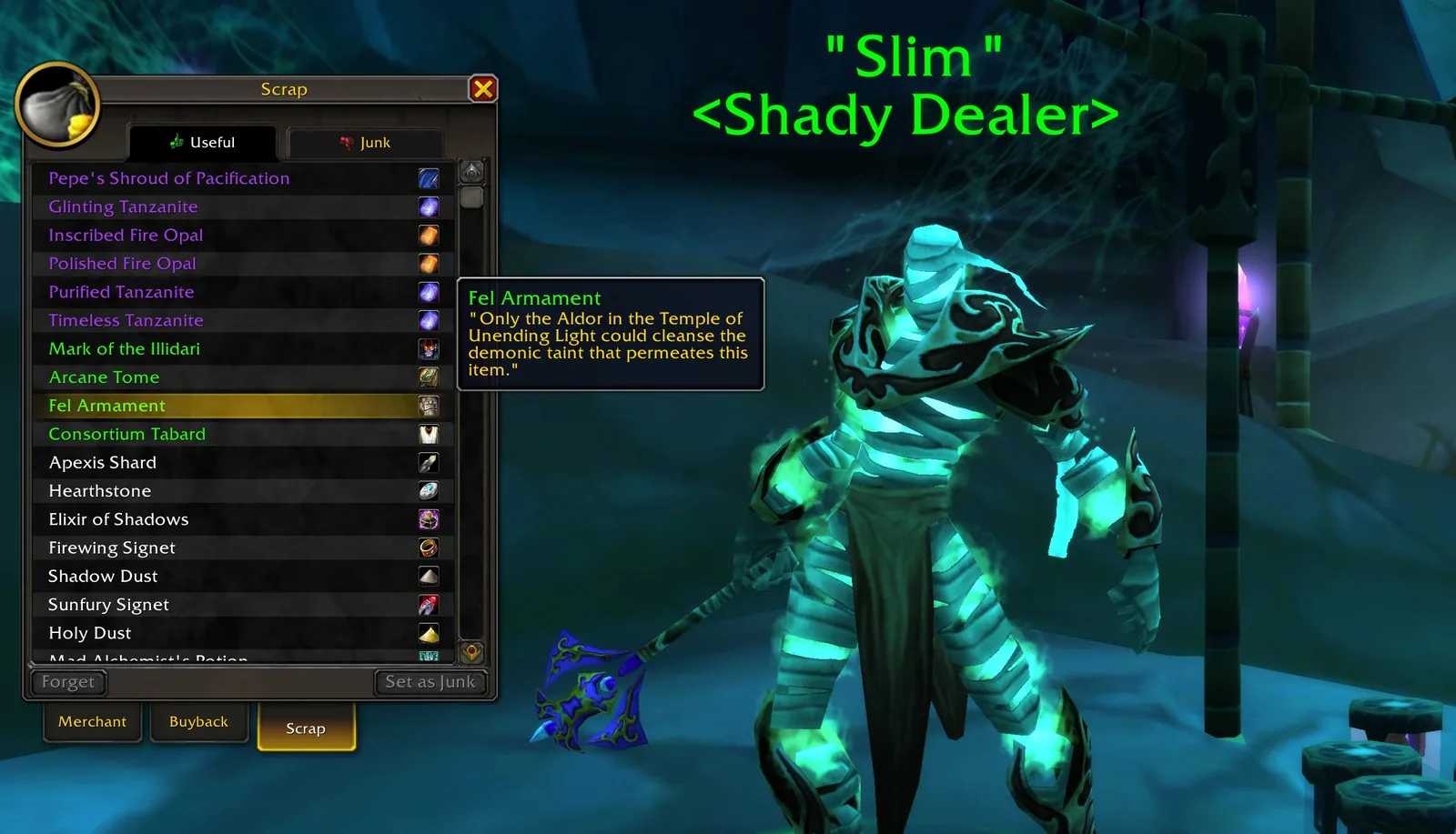 The Scrap tab at a merchant with the Useful and Junk lists and an item tooltip