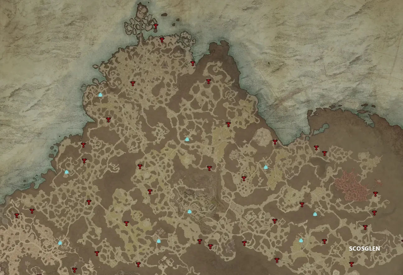Karte von Scosglen in Diablo 4 mit roten Symbolen für alle Altäre von Lilith und blauen Symbolen für Wegpunkte