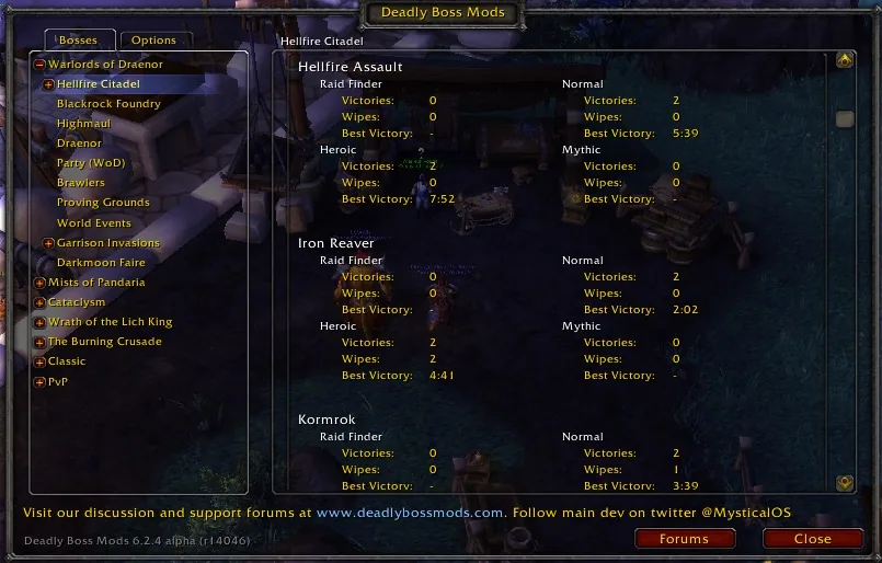 DBM statistics with kills, wipes and best kill time per boss and difficulty