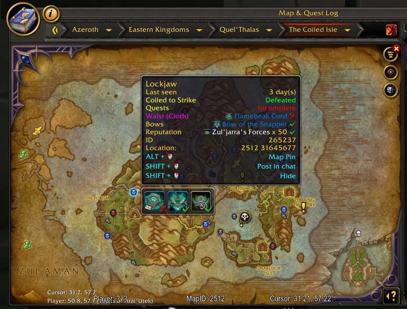 World map with SilverDragon rare icons and a tooltip showing last seen, quests, loot and click actions